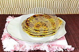 Indian food Methi Paratha or thepla flat bread with fenugreek leaves and spices