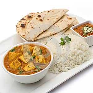 Indian food paneer roti and rice isolated on white background photo