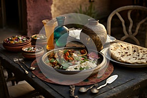 Indian food in the restaurant on the summer terrace, Generative AI 2