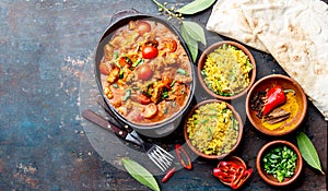 INDIAN FOOD. ROGAN JOSH curry sauce. Pork rogan josh with rice and naan bread