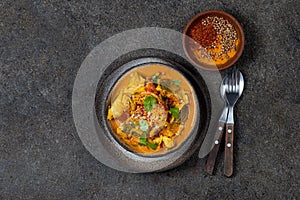 INDIAN FOOD. Traditional KERALA FISH CURRY with naan bread, gray plate, black background photo