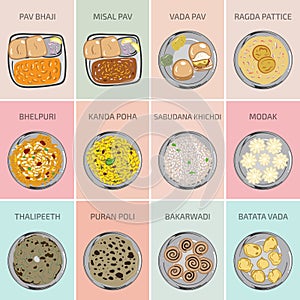 Indian food vector graphics. Marathi Maharashtra Food.