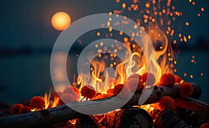 Funeral Pyre on Ganges River at Night