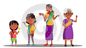 Indian Generation Female Set Vector. Grandmother, Mother, Daughter, Granddaughter, Baby. Vector. Isolated Illustration