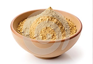 Indian ginseng powder in a bowl on white background