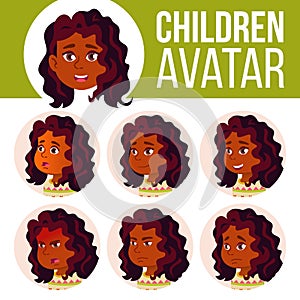 Indian Girl Avatar Set Kid Vector. Hindu. Asian. High School. Face Emotions. School Student. Kiddy, Birth. Cartoon Head