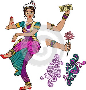Indian girl.dancer.hand with lotus.Mehndi.Puranas.Sanskrit.Sari