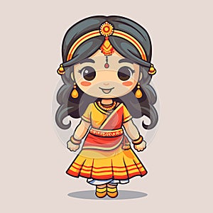 Indian girl in traditional costume. Cute cartoon character. Vector illustration