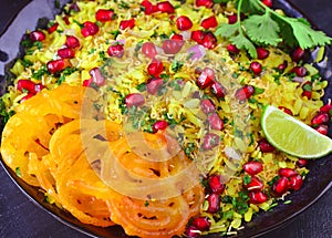 Indian glutenfree breakfast Poha Jalebi photo