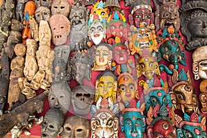 Indian God's Masks sell in street shop, Kathmandu