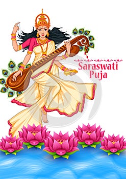 Indian God Saraswati Maa on Vasant Panchami religious festival background