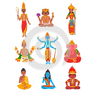 Indian god set, Varuna, Brahma, Parvati, Indra, Vishnu, Buddha, Shiva, Agni, Ganesha vector Illustration on a white