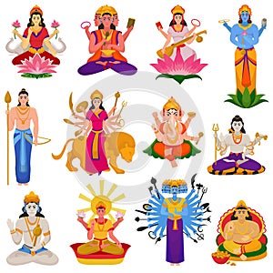 Indian god vector hindu godhead of goddess character and hinduism godlike idol Ganesha in India illustration set of