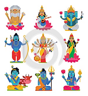 Indian god vector hindu godhead of goddess character and hinduism godlike idol Ganesha in India illustration set of