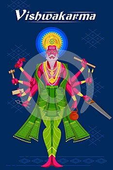 Indian God Vishwakarma with different tools photo