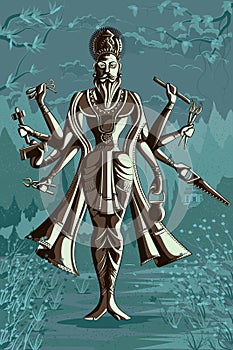 Indian God Vishwakarma with different tools photo