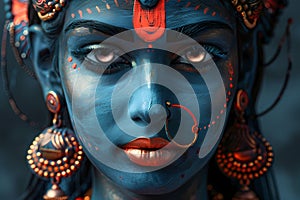 Indian Goddess Kali Maa on dark blue background. Goddess Durga Face photo