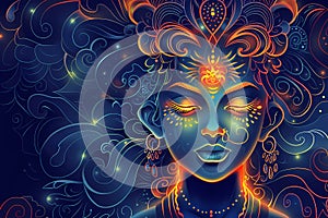 Indian Goddess Kali Maa on dark blue background. Goddess Durga Face photo