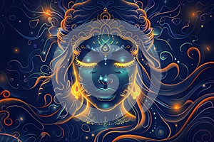 Indian Goddess Kali Maa on dark blue background. Goddess Durga Face photo