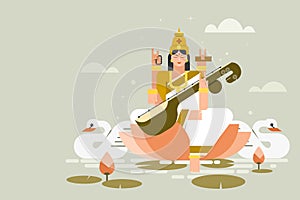 Indian goddess \'Saraswati\' sitting on lotus