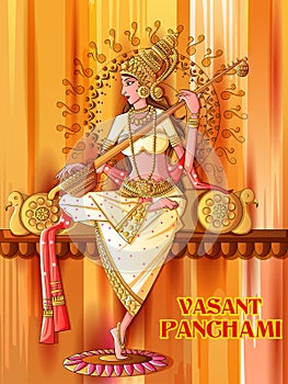 Indian Goddess Saraswati on Vasant Panchami Pooja festival background