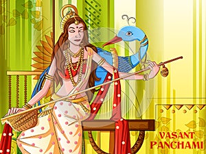 Indian Goddess Saraswati on Vasant Panchami Pooja festival background