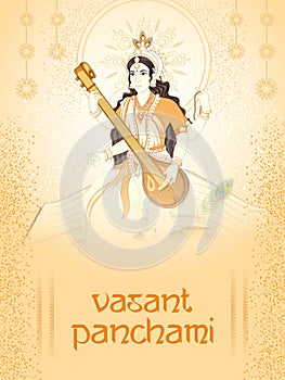 Indian Goddess Saraswati on Vasant Panchami Pooja festival background