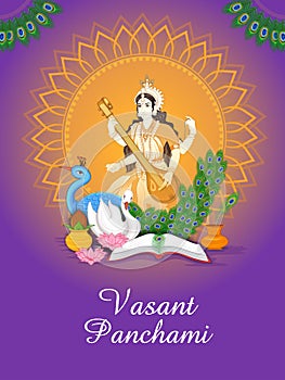 Indian Goddess Saraswati on Vasant Panchami Pooja festival background