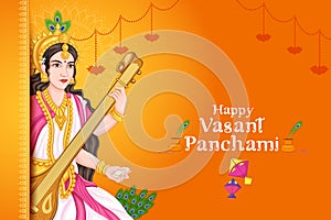 Indian Goddess Saraswati on Vasant Panchami Pooja festival background