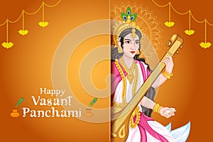 Indian Goddess Saraswati on Vasant Panchami Pooja festival background