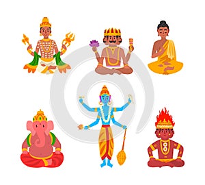 Indian Gods and Deity with Vishnu, Shiva, Brahma, Ganesha and Sitting Buddha Vector Set