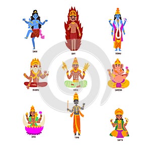 Indian Gods set, Shiva, Igny, Vishnu, Ganesha, Indra, Soma, Brahma, Surya, Yama god cartoon characters vector