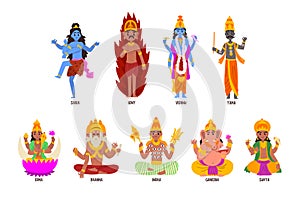 Indian Gods set, Shiva, Igny, Vishnu, Ganesha, Indra, Soma, Brahma, Surya, Yama god cartoon characters vector