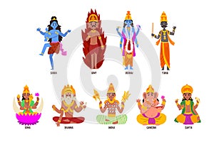 Indian Gods set, Shiva, Igny, Vishnu, Ganesha, Indra, Soma, Brahma, Surya, Yama god cartoon characters vector photo