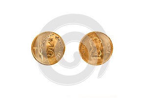 Indian gold color Five Rupees coin front and back