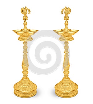 Indian Gold lamps, silver diyas isolated on white background for traditional functions,