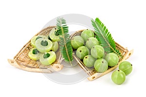 Indian Gooseberry or Phyllanthus emblica fruits and green leaves isolated on white background