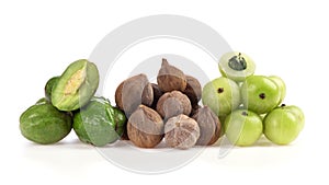 Indian Gooseberry ,terminalia chebula and terminalia bellirica isolated on white background