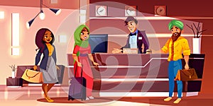 Indian guests registering in hotel cartoon vector