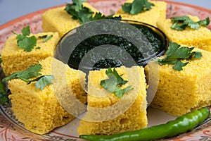 Indian Gujarati Snack Dhokla with green chillies