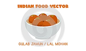 Indian Gulab Jamul or Lal Mohan - Indian sweet dessert flat vector illustration clipart cartoon. Asian food. Indian cuisine