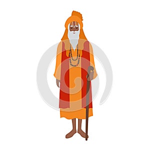 Indian guru wearing turban and traditional clothes, holding cane. Hindu clergyman, cleric or religious leader. Male