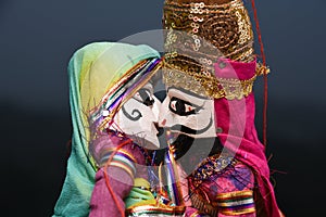Indian handicraft, handmade puppet attached string, King and queen Rajasthan India.