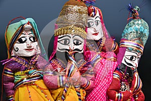 Indian handicraft, handmade puppet attached string, King and queen Rajasthan India.