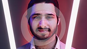 indian handsome man neon light portrait futuristic