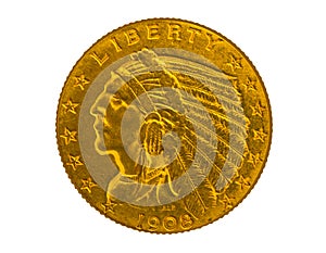 Indian head $ 2.50 gold vintage American coin, isolated
