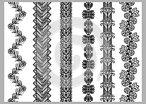 Indian Henna Border decoration elements patterns in black and white colors.