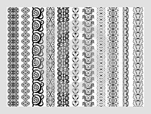 Indian Henna Border decoration elements patterns in black and white colors.