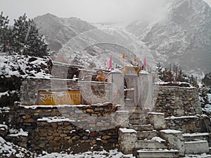 An Indian Himalayan village during snowfall