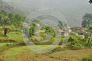 Indian Himalayas: mountain village and terraced fields